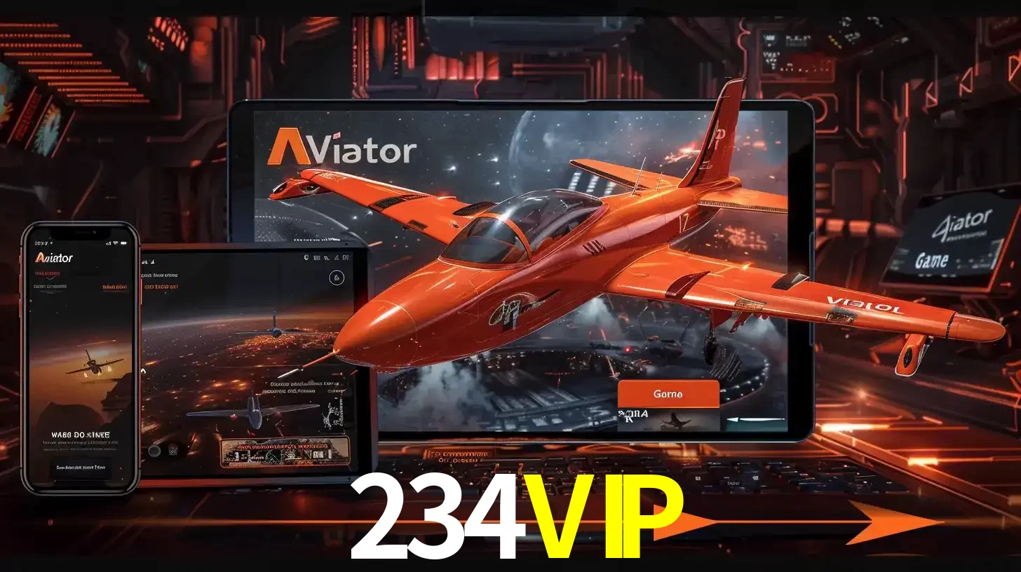 Apresentação tecnológica do jogo Aviator com um avião saindo da tela de um tablet, demonstrando a experiência imersiva em múltiplos dispositivos no 234VIP.