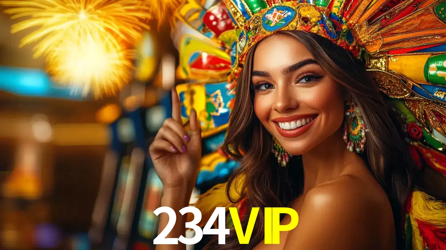 Mulher sorridente com um cocar de carnaval vibrante e colorido, celebrando uma grande vitória nos jogos do cassino 234VIP com fogos de artifício ao fundo.