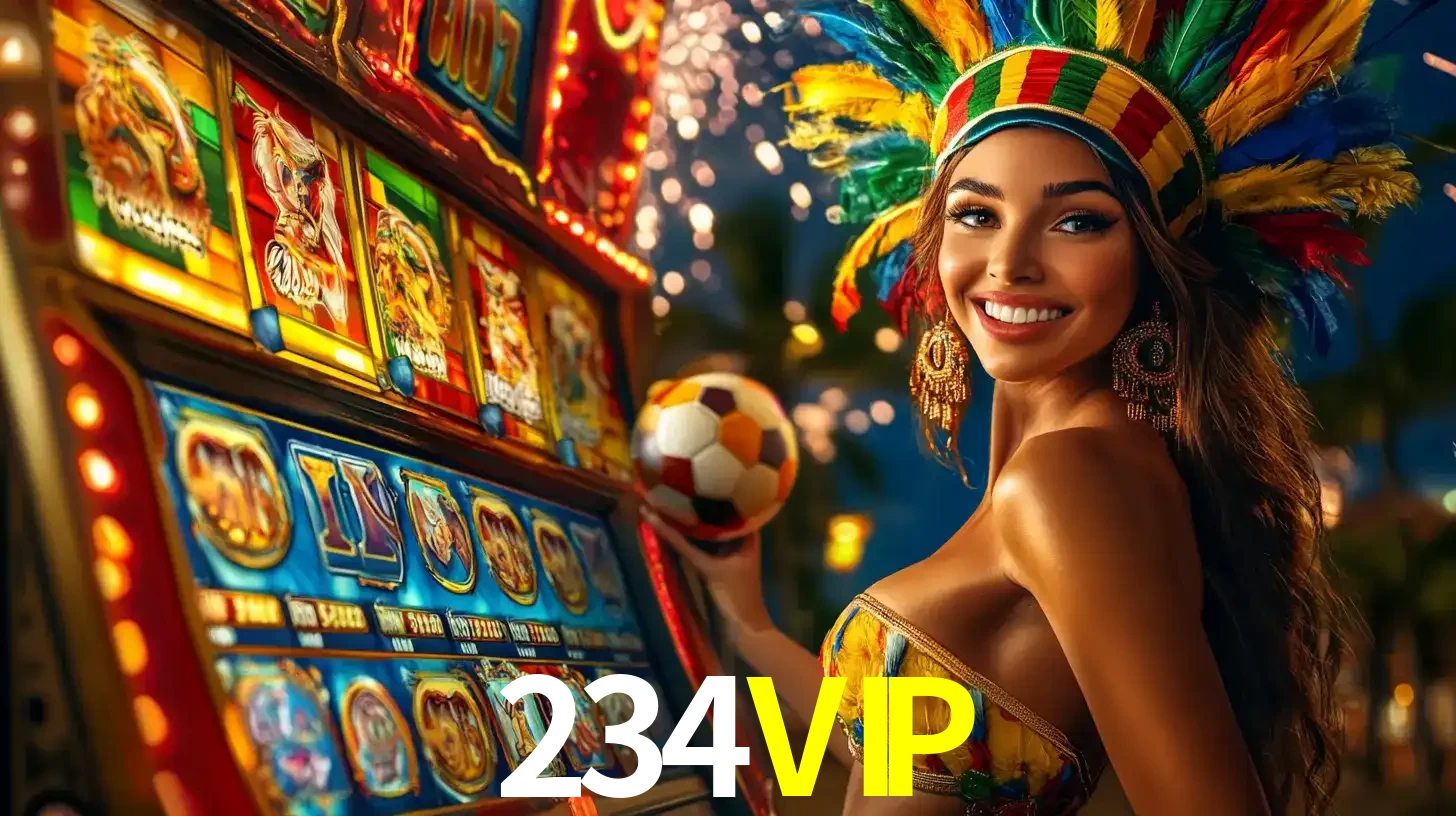 Mulher com um cocar de carnaval ao lado de uma máquina de caça-níqueis enquanto segura uma bola de futebol, mostrando a união da diversão de cassino e esportes no 234VIP.