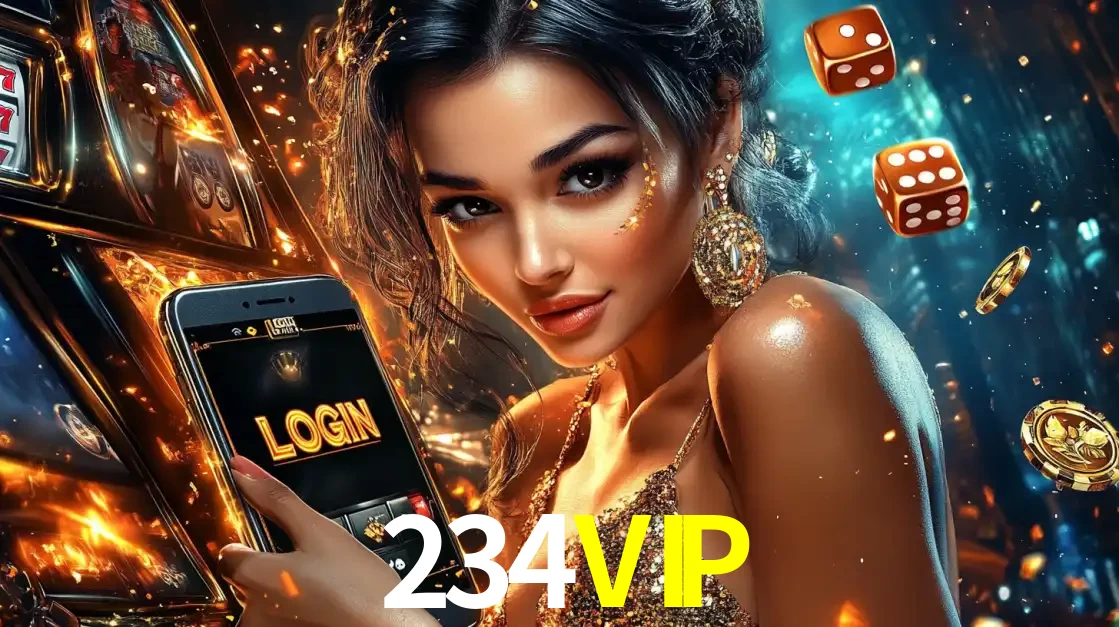 Mulher glamourosa segurando um celular com a tela de login do cassino 234VIP, rodeada por dados e moedas douradas, pronta para começar a diversão.