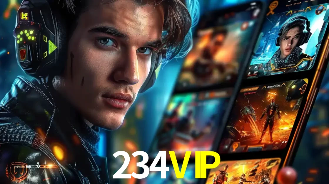 Jovem jogador com fones de ouvido olhando para a câmera, com um aplicativo de jogos e e-sports para celular ao fundo, pronto para a competição e apostas no 234VIP.