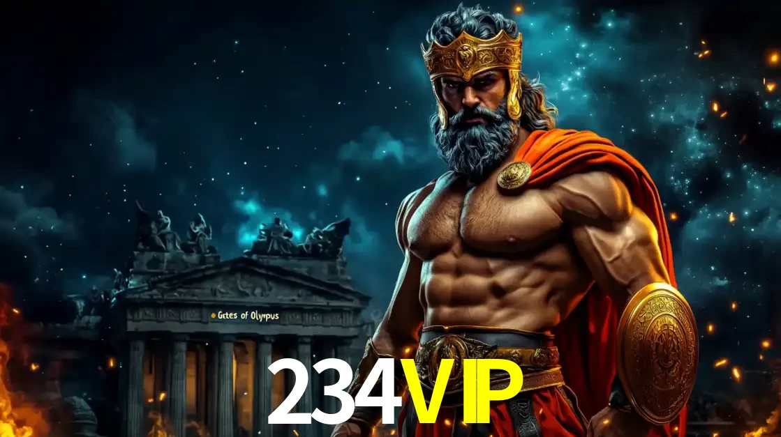 O poderoso Zeus do jogo de slot Gates of Olympus em frente ao seu templo, pronto para lançar multiplicadores divinos e prêmios épicos no cassino online 234VIP.