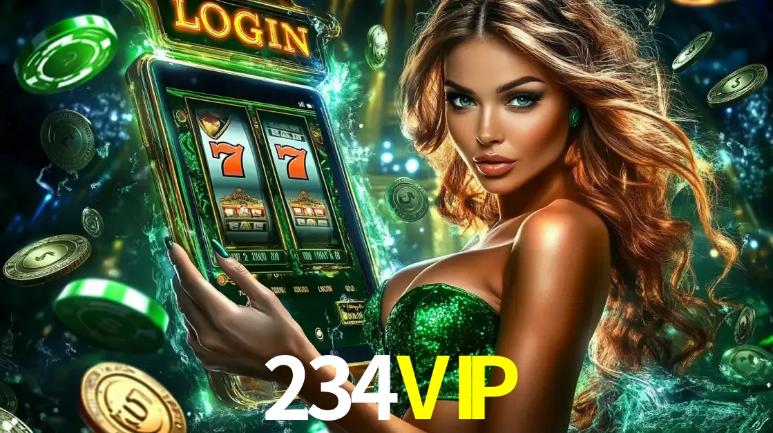 Mulher com tema verde apresentando o aplicativo do cassino 234VIP com um jogo de slot de 777, cercada por fichas de cassino e uma aura de sorte.