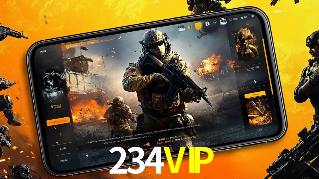Um smartphone exibindo a interface de um jogo de tiro em primeira pessoa, com um soldado em um cenário de batalha, representando a ação dos e-sports para apostar no 234VIP.