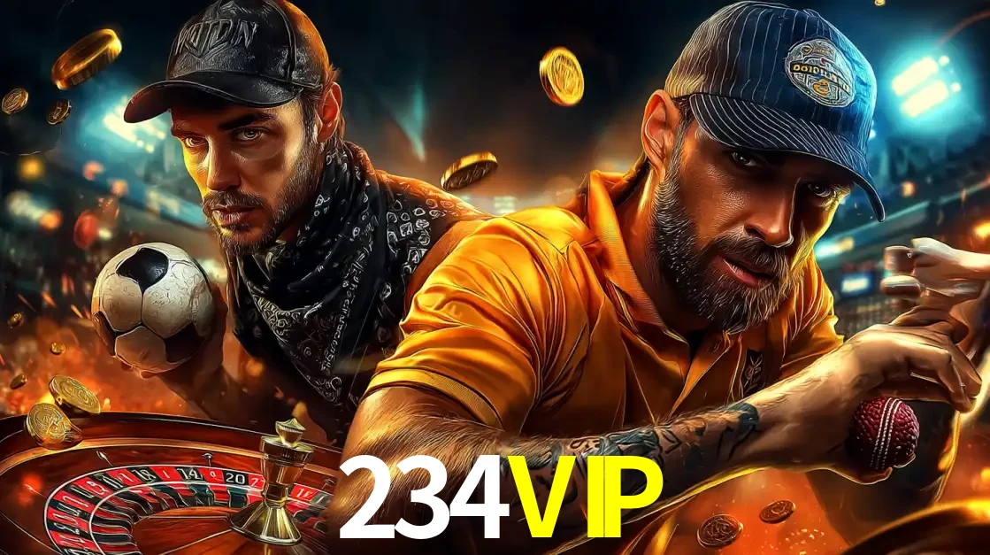 Montagem de apostas esportivas e cassino no 234VIP, com um homem segurando uma bola de futebol e outro uma de beisebol sobre uma roleta e moedas voadoras.