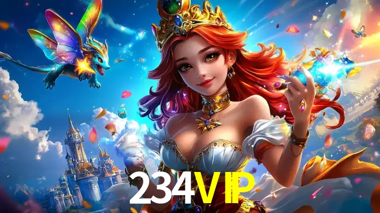 A princesa de um reino de fantasia mágico, com seu pequeno dragão, apresentando um mundo de prêmios encantados nos jogos de caça-níqueis do cassino 234VIP.