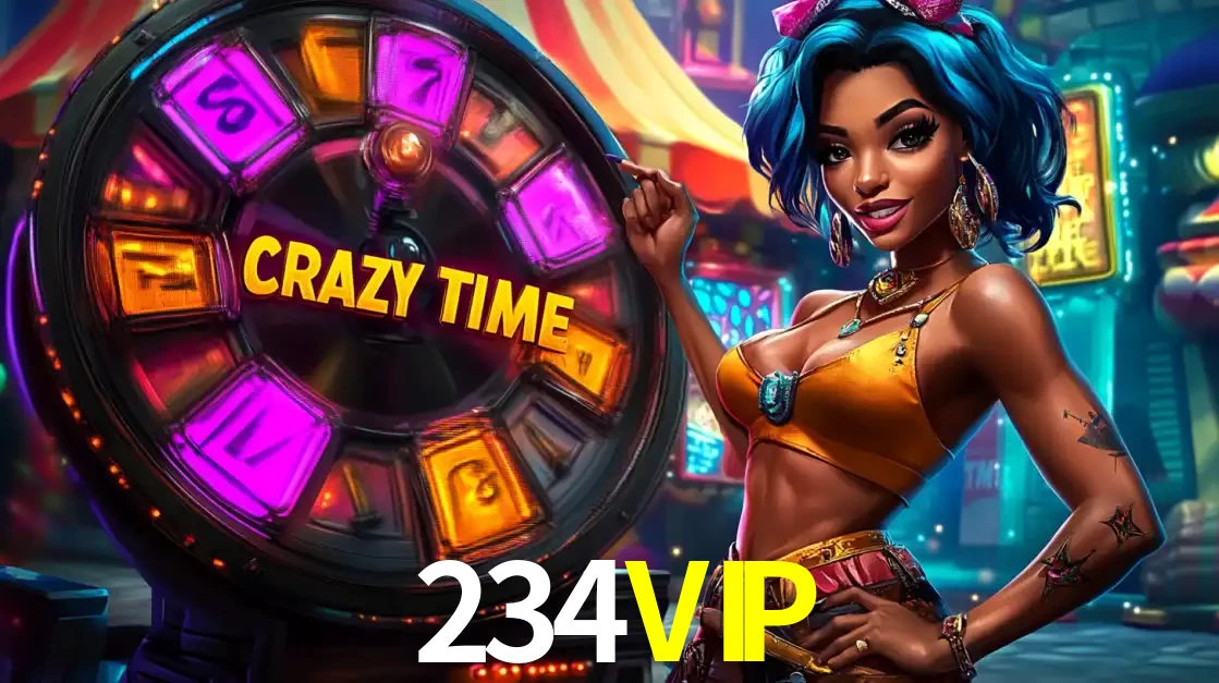 Mulher estilizada com cabelo azul e visual vibrante posando ao lado da roda de prêmios do game show Crazy Time, convidando para a diversão e os bônus do cassino 234VIP.