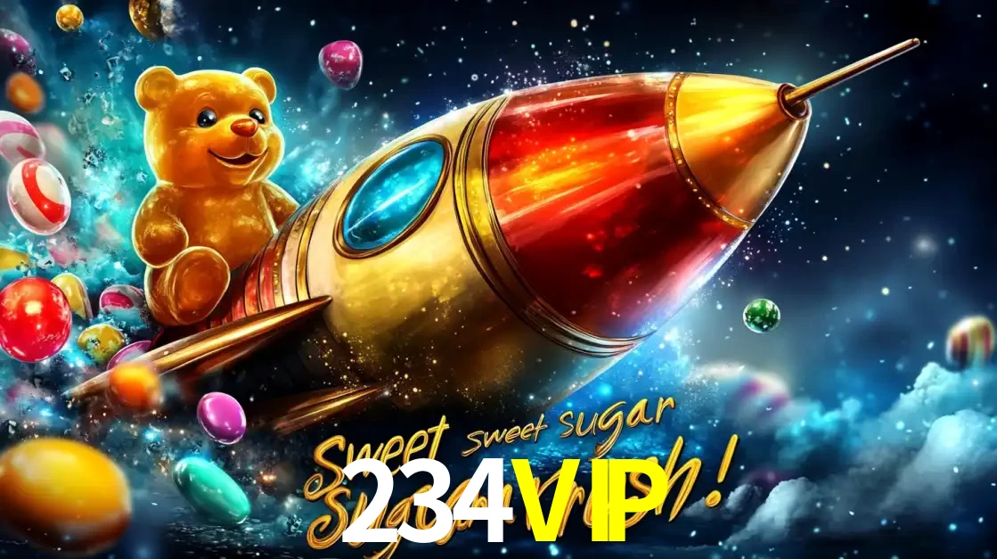 Arte promocional do jogo de slot Sugar Rush, com um urso de pelúcia em um foguete viajando pelo espaço de doces, um dos jogos divertidos disponíveis no cassino 234VIP.
