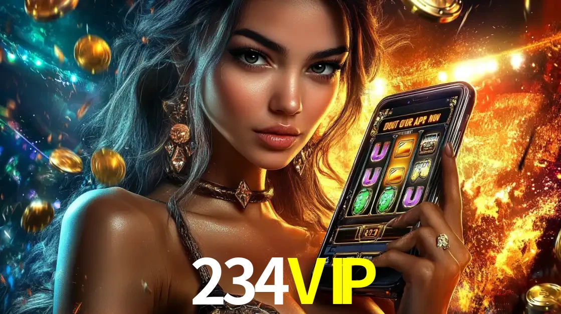 Mulher elegante mostrando um jogo de caça-níqueis em seu smartphone, destacando a experiência de cassino móvel oferecida pelo aplicativo 234VIP.
