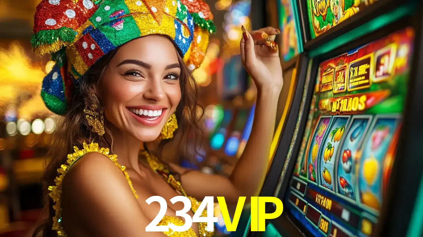 Mulher feliz com traje de carnaval amarelo e colorido ao lado de uma máquina de caça-níqueis, aproveitando a diversão e os jogos temáticos do cassino 234VIP.