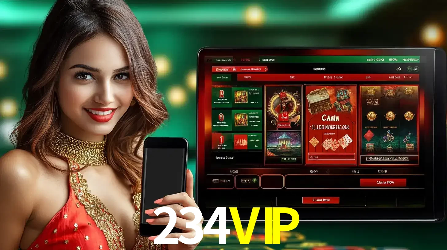 Mulher sorridente segurando um smartphone, ao lado de uma tela exibindo o lobby de jogos do cassino online 234VIP, com várias opções de jogos de cartas e slots.